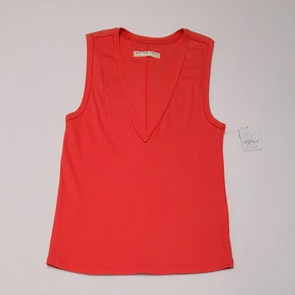 We The Free Free People Women Large Coral Red Ribbed Deep V-Neck Tank Top NWT